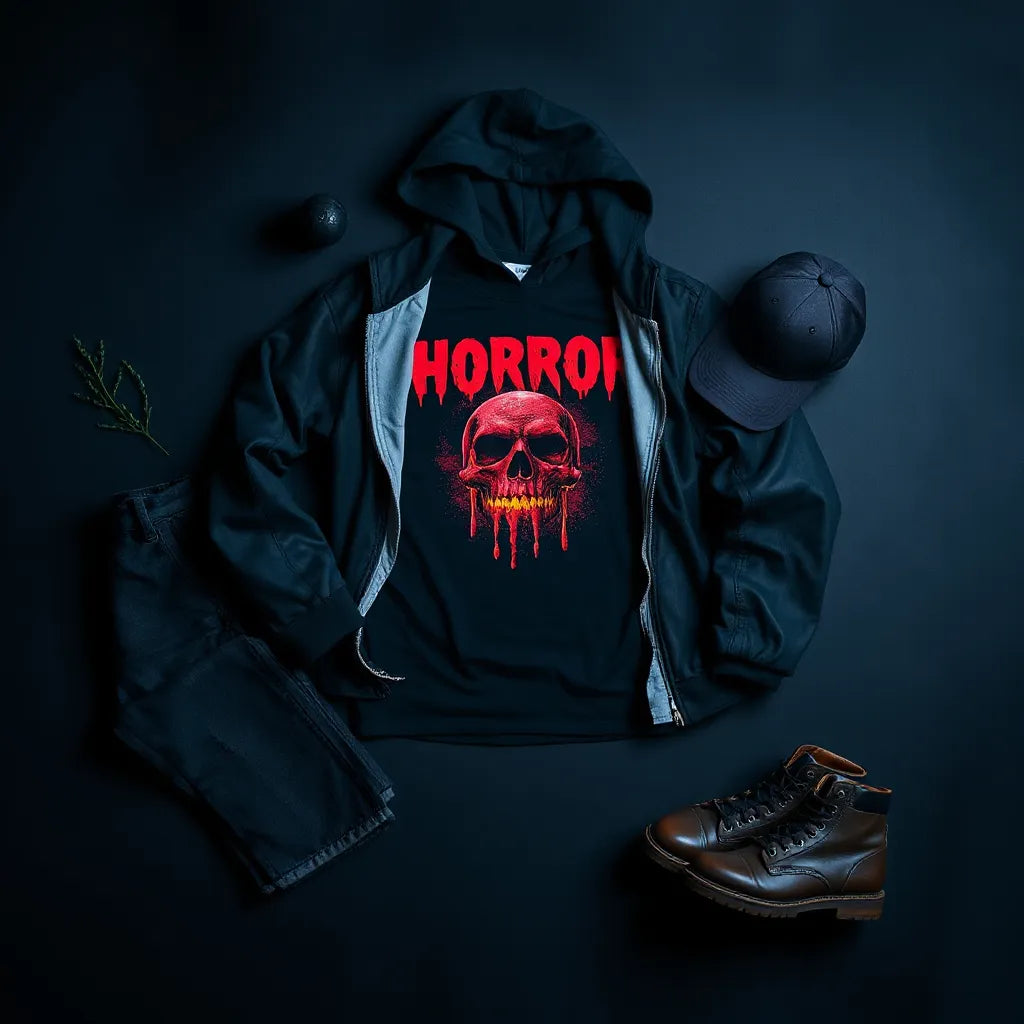 Retro horror graphic hoodie and tee styled with dark jeans and boots on a studio backdrop