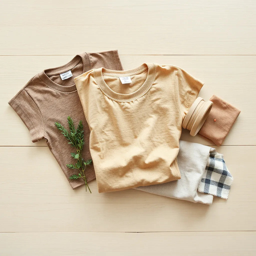 Folded t-shirts showing organic cotton, hemp, and recycled fabric textures with small green leaves