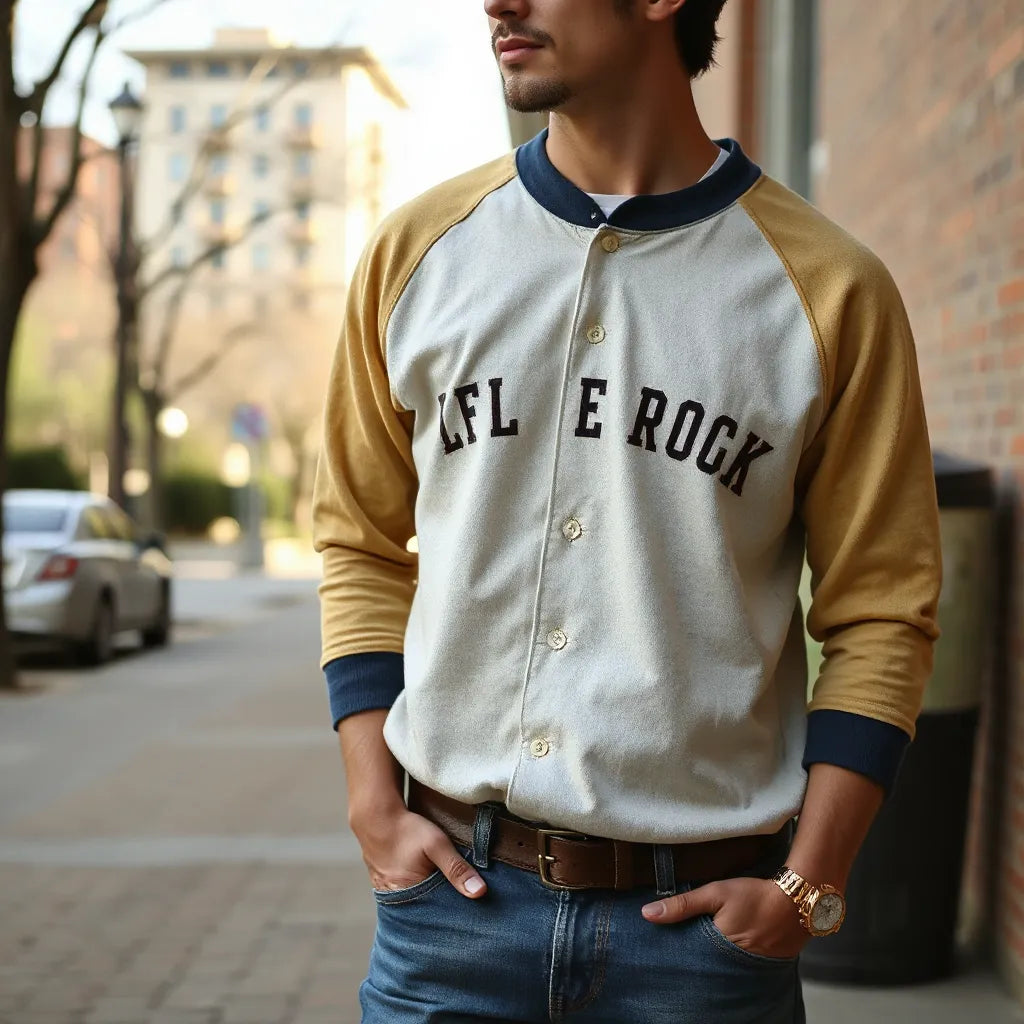 Person wearing a faded vintage baseball shirt with casual jeans in soft daylight
