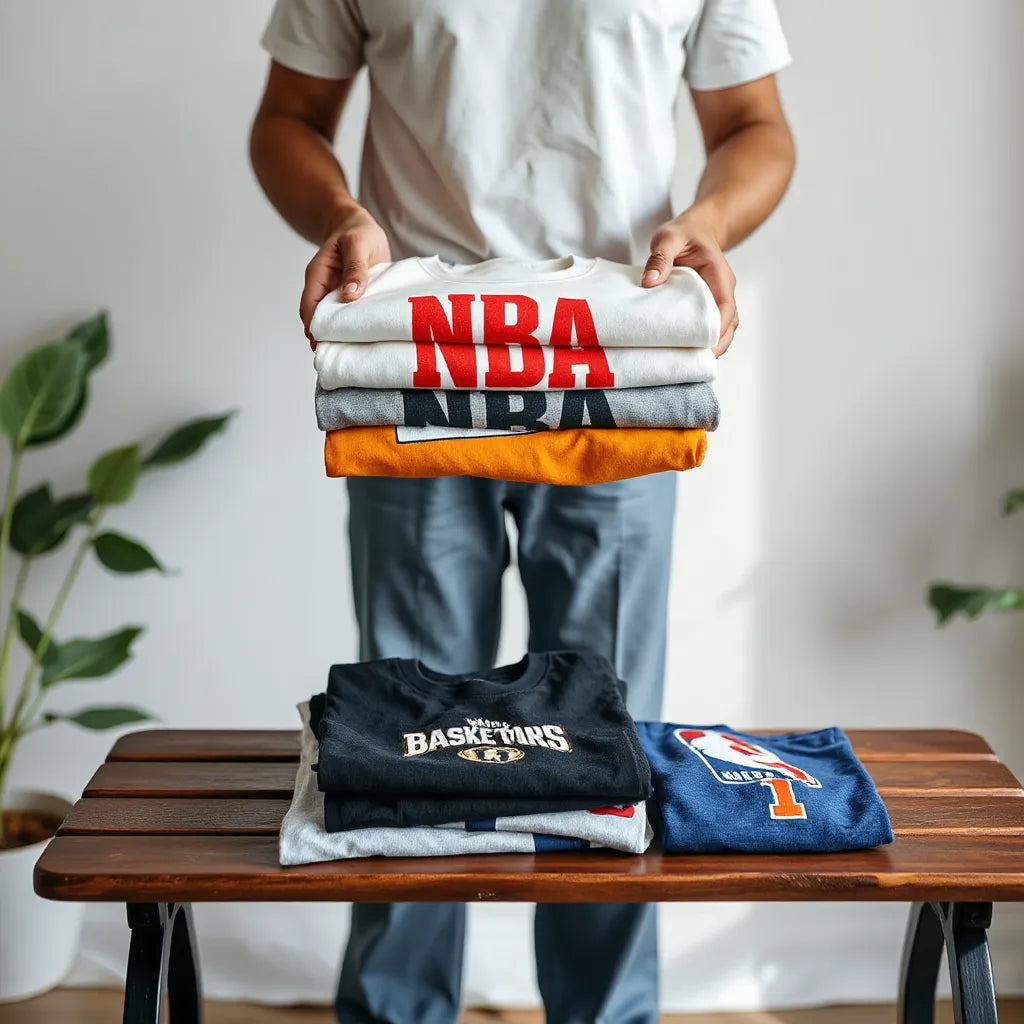 Stack of basketball-themed custom t-shirts with fabric texture details in soft studio light