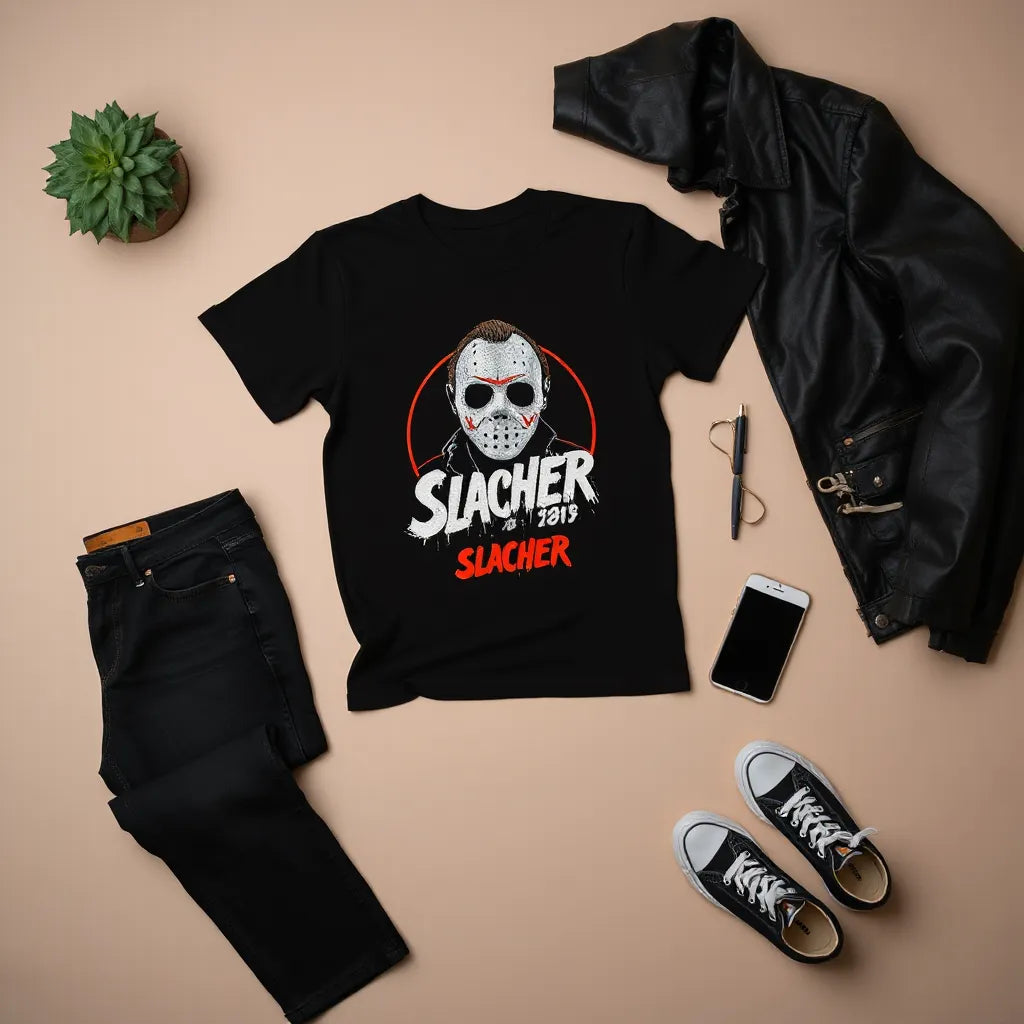 Black jeans and leather jacket styling a slasher-themed 90s style t-shirt on a neutral surface