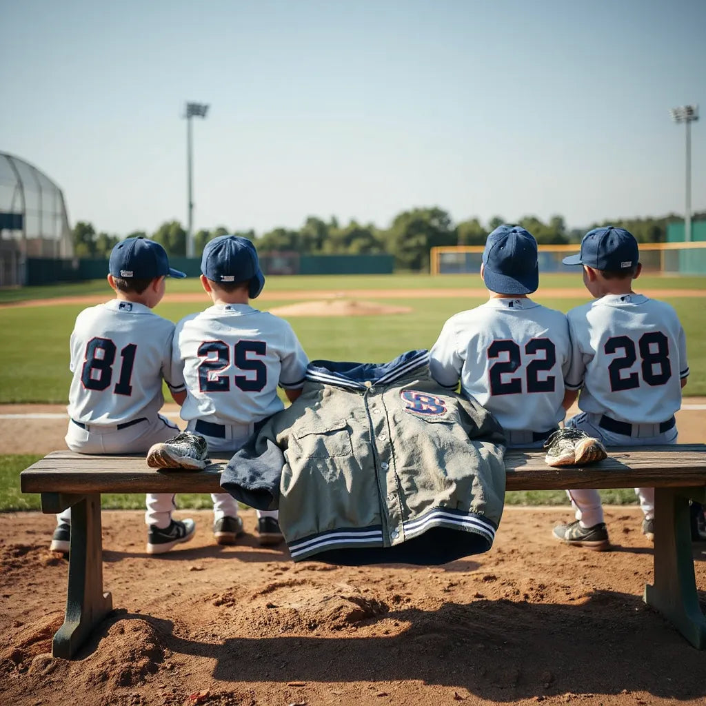 Matching throwback baseball uniforms and caps laid out on a bench beside a sunny field
