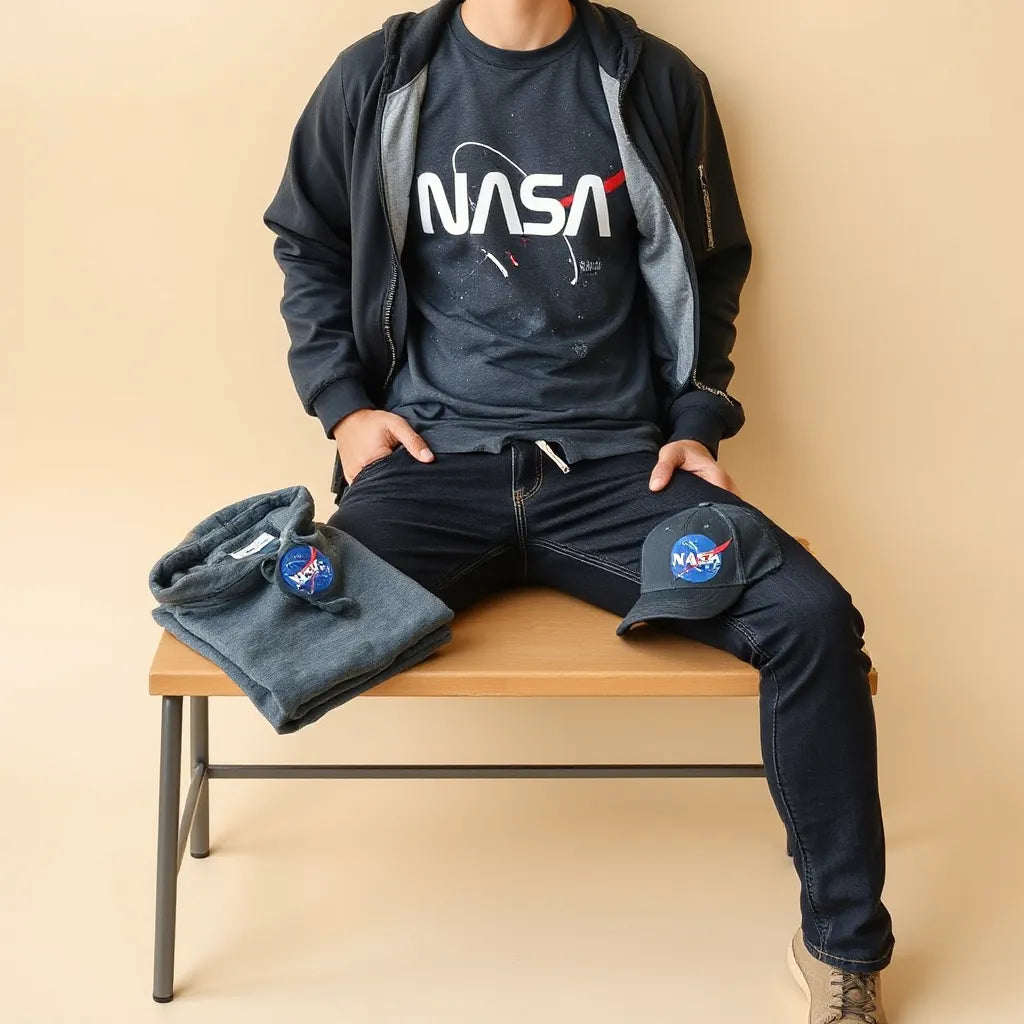 Casual outfit styled with a space-themed graphic T-shirt, dark jeans, and a neutral jacket on a studio backdrop