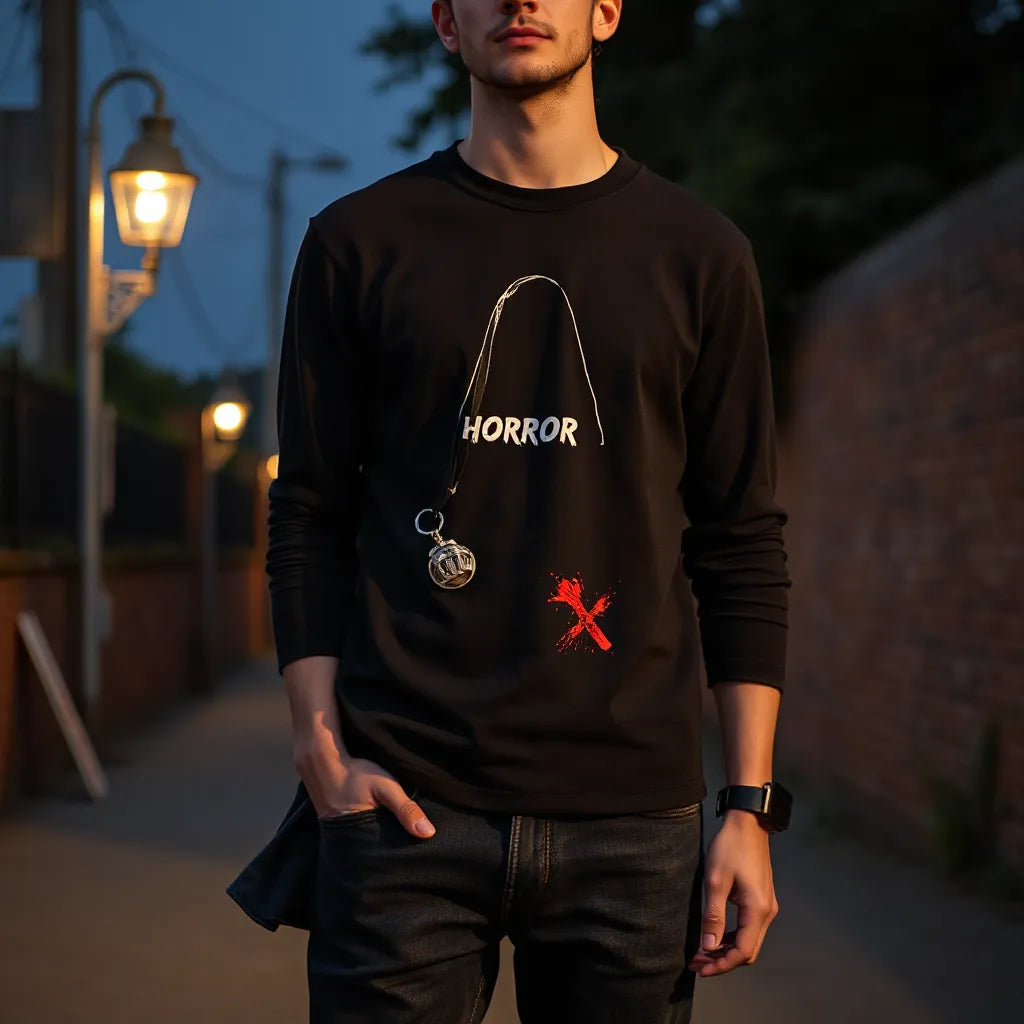 Person wearing a black cotton horror graphic shirt with dark jeans in a moody dusk street scene