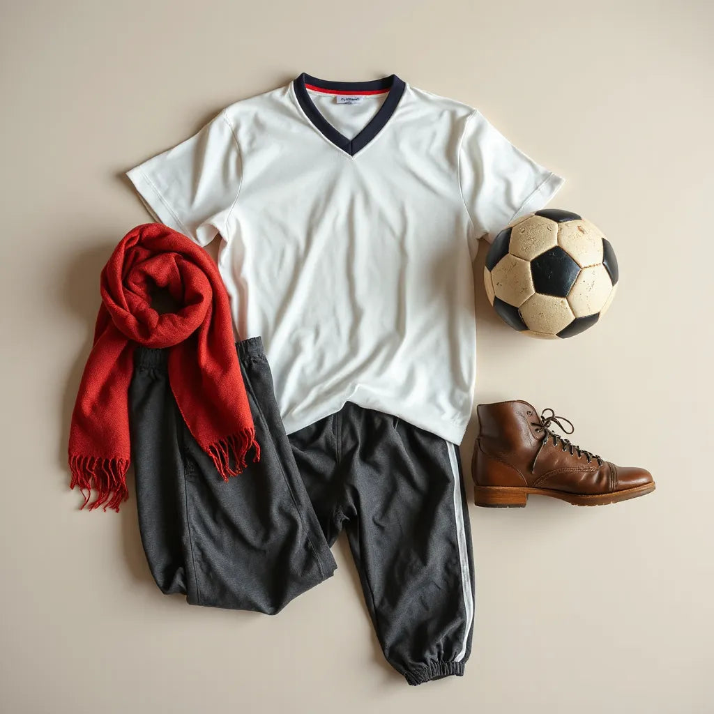 Retro soccer jersey, track pants, scarf, and vintage boot arranged neatly on a neutral background