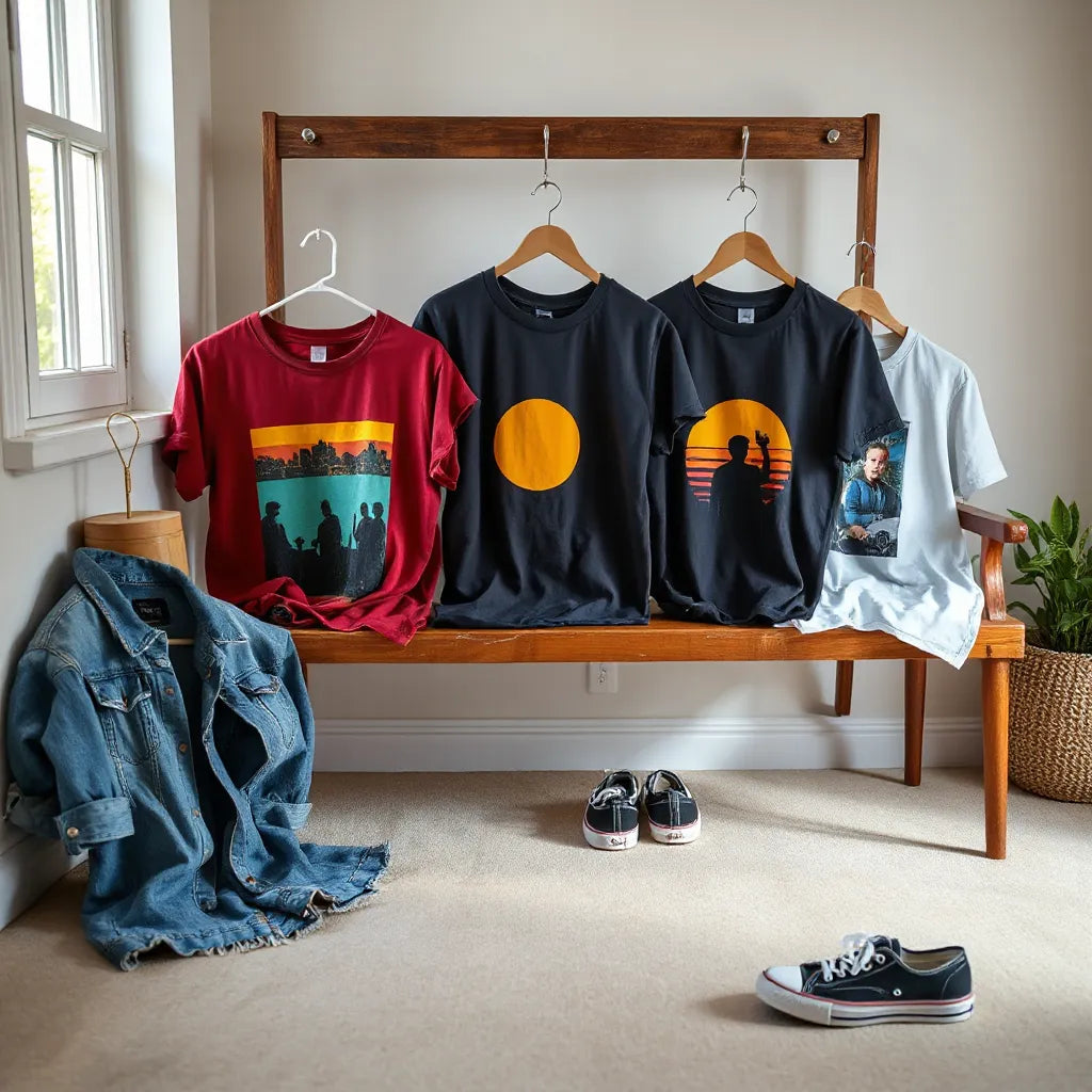 Movie-themed graphic t-shirts styled with denim and sneakers in soft natural light