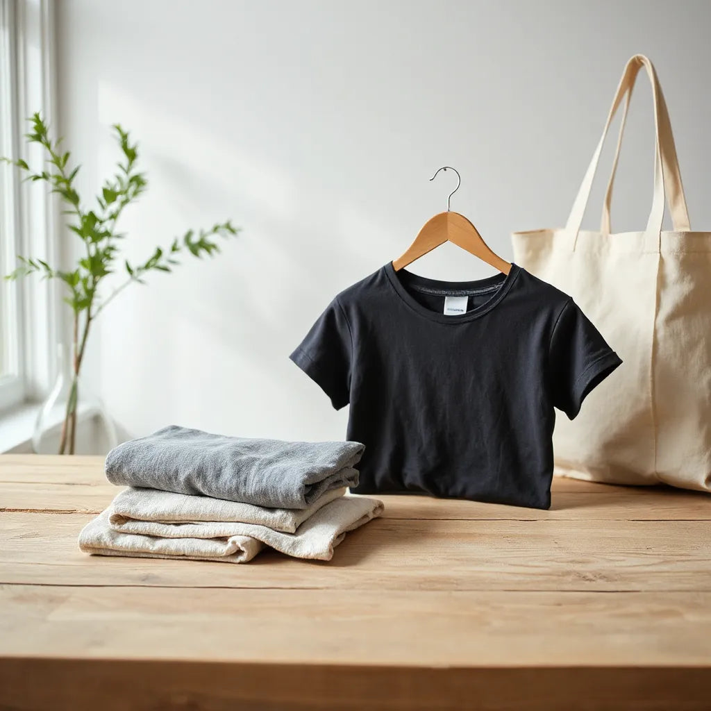Neatly arranged ethically made t-shirts with visible fabric texture in soft natural light