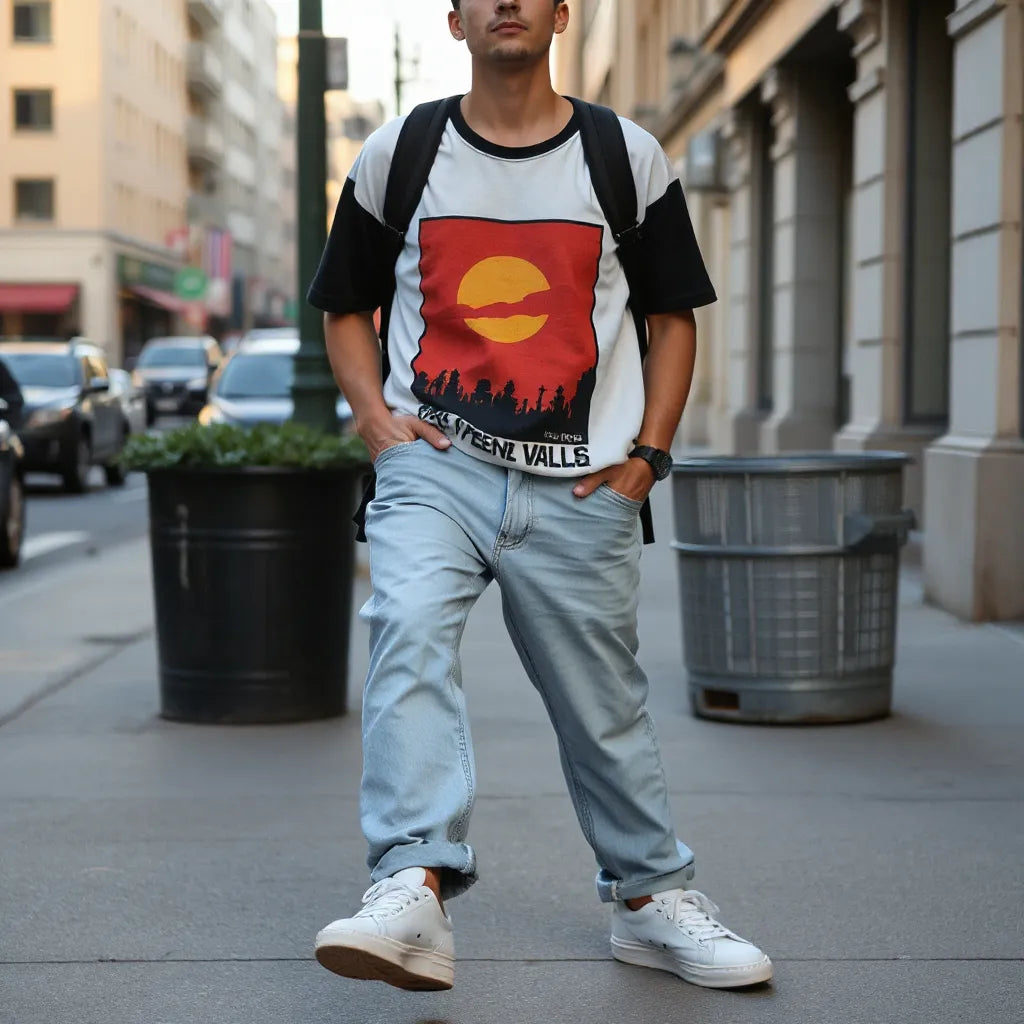 Person in a retro graphic tee with light-wash jeans and white sneakers against a blurred city background