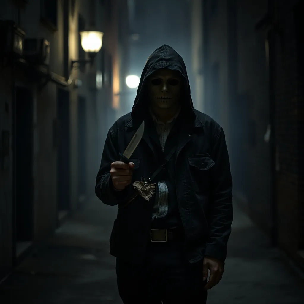 Hooded slasher-style costume with a distressed mask and dark layers in a foggy alley at night
