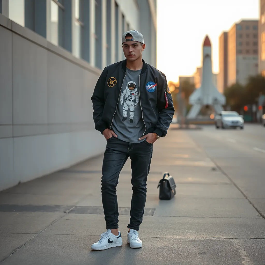 Streetwear outfit with subtle space-inspired jacket and astronaut-themed tee in an urban setting