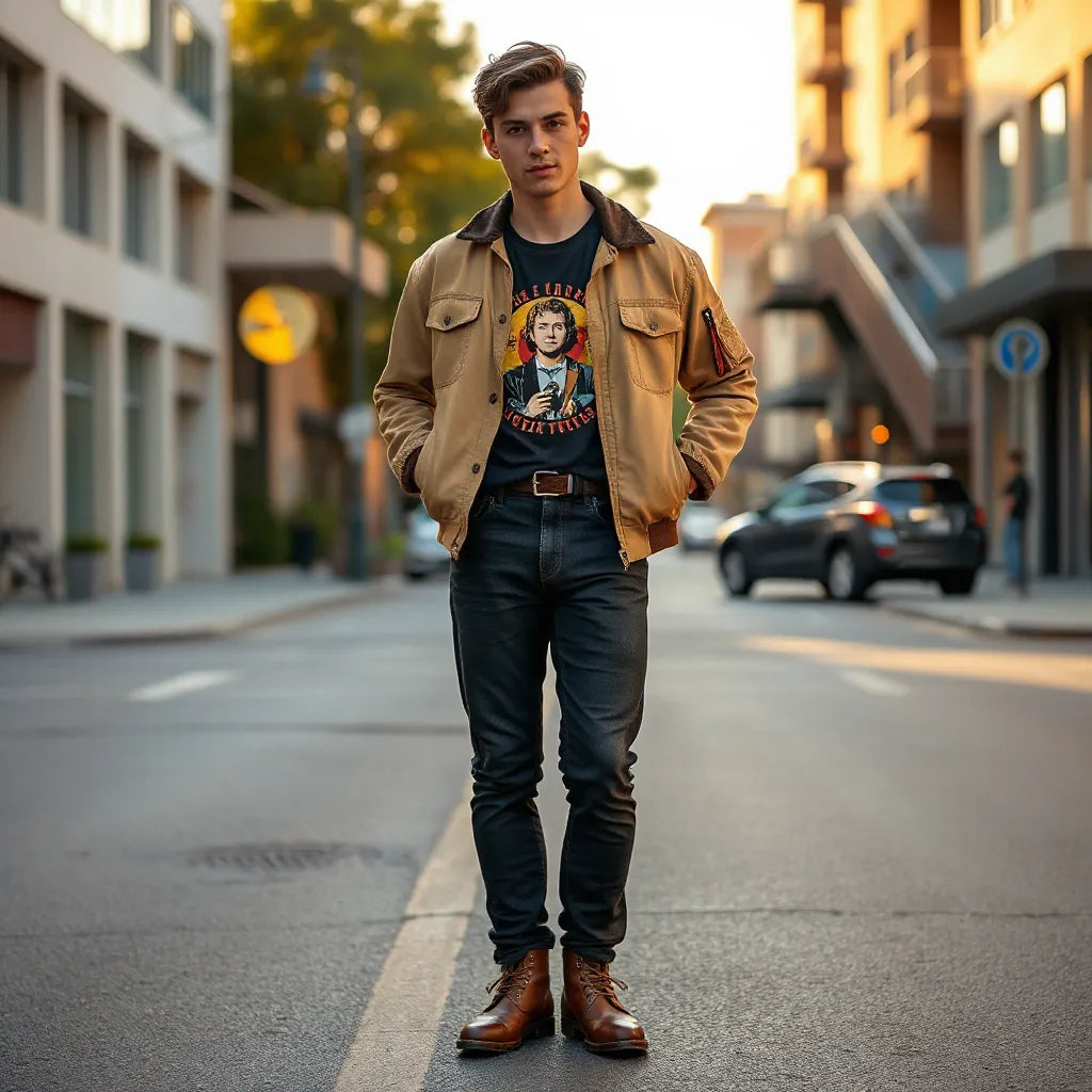 Person wearing vintage-inspired band graphic jacket with a tee, dark jeans, and boots on a quiet street