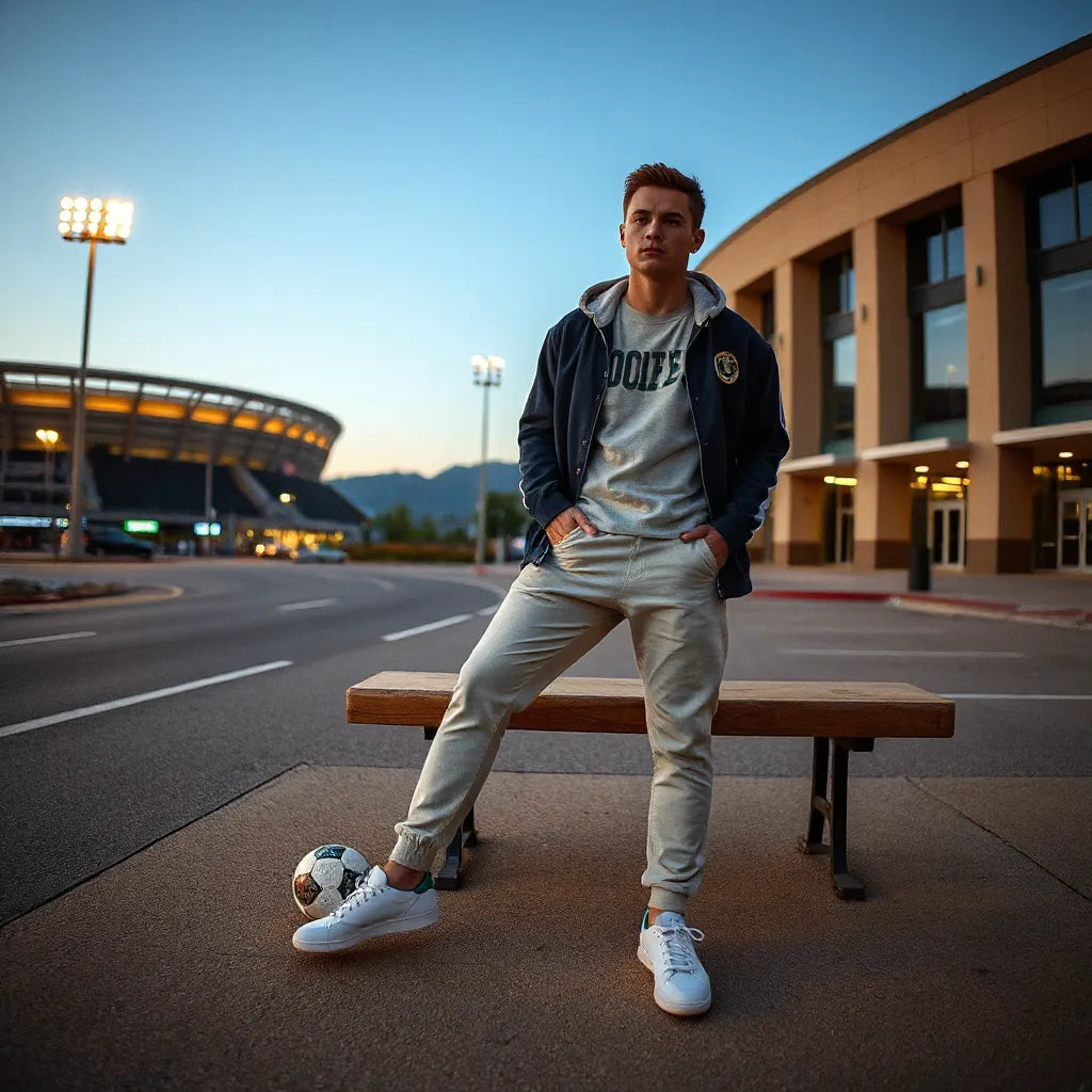 Person in vintage football streetwear jacket and sneakers standing near a football outside a stadium at dusk