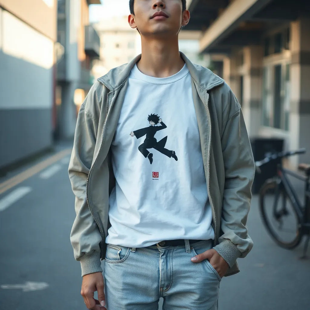Casual streetwear outfit featuring an anime-style graphic t-shirt with jeans and a light jacket in daylight