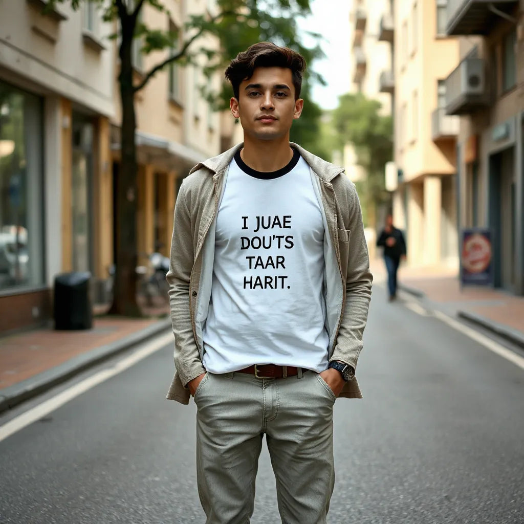 Person wearing a casual humorous graphic t-shirt with neutral jeans in a bright outdoor street setting