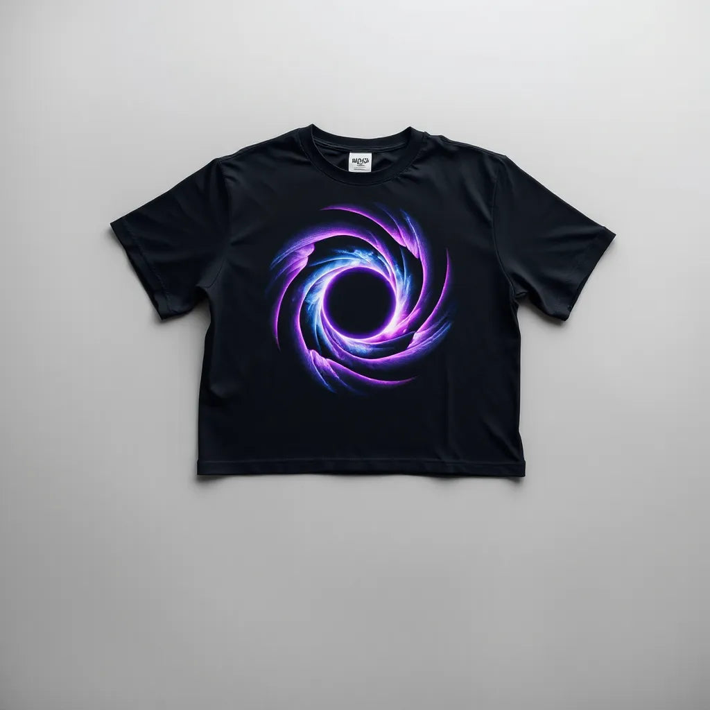 Black t-shirt featuring a large swirling wormhole portal in purple and blue tones