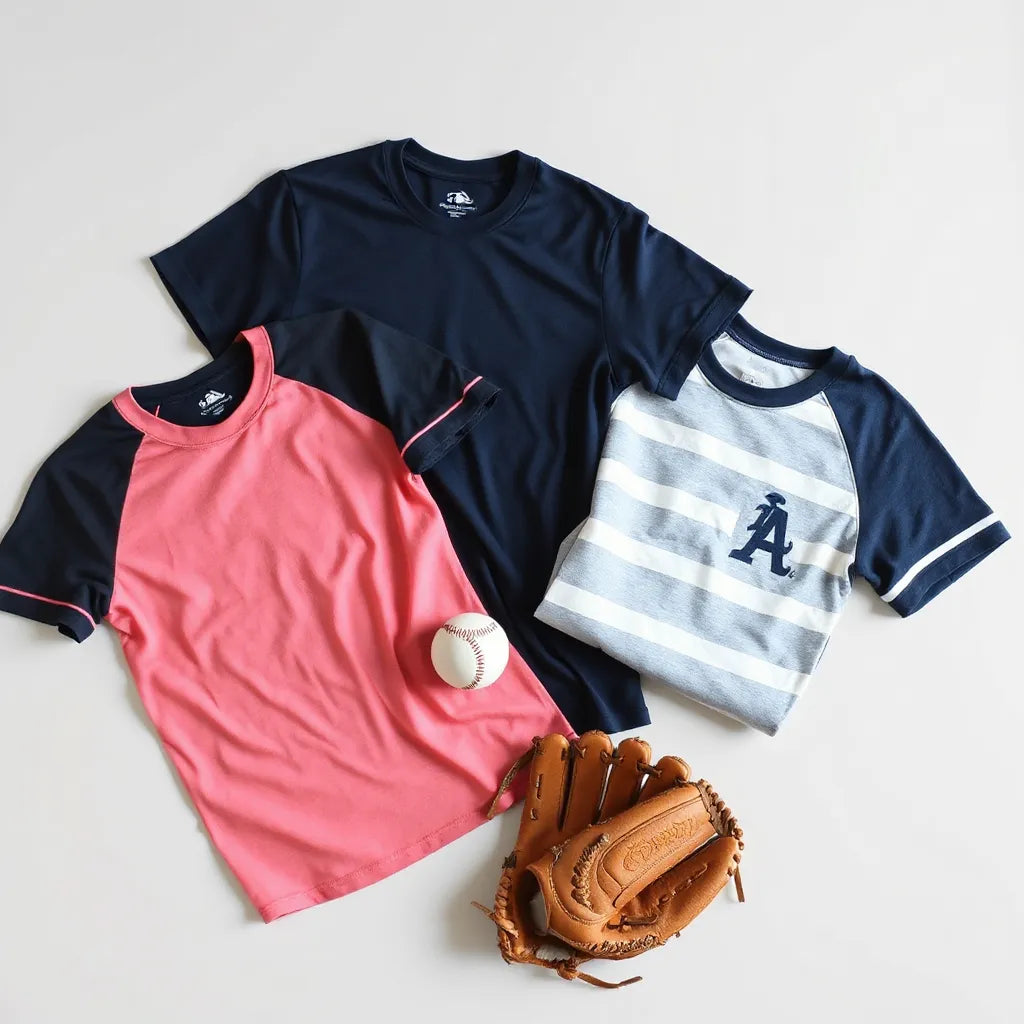 Baseball team t-shirts with a glove and baseball on a clean neutral background
