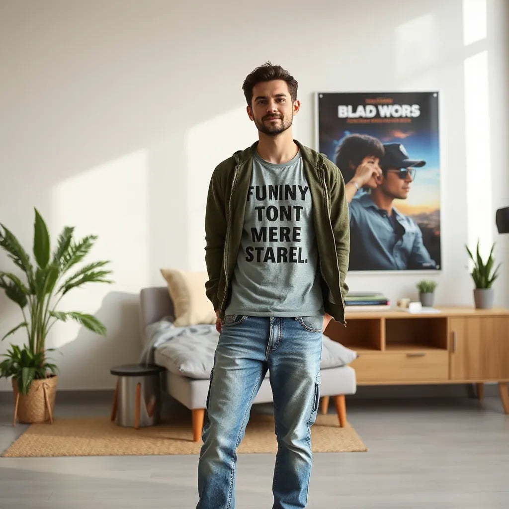 Casual outfit featuring a graphic t-shirt paired with jeans and jacket in a bright indoor setting