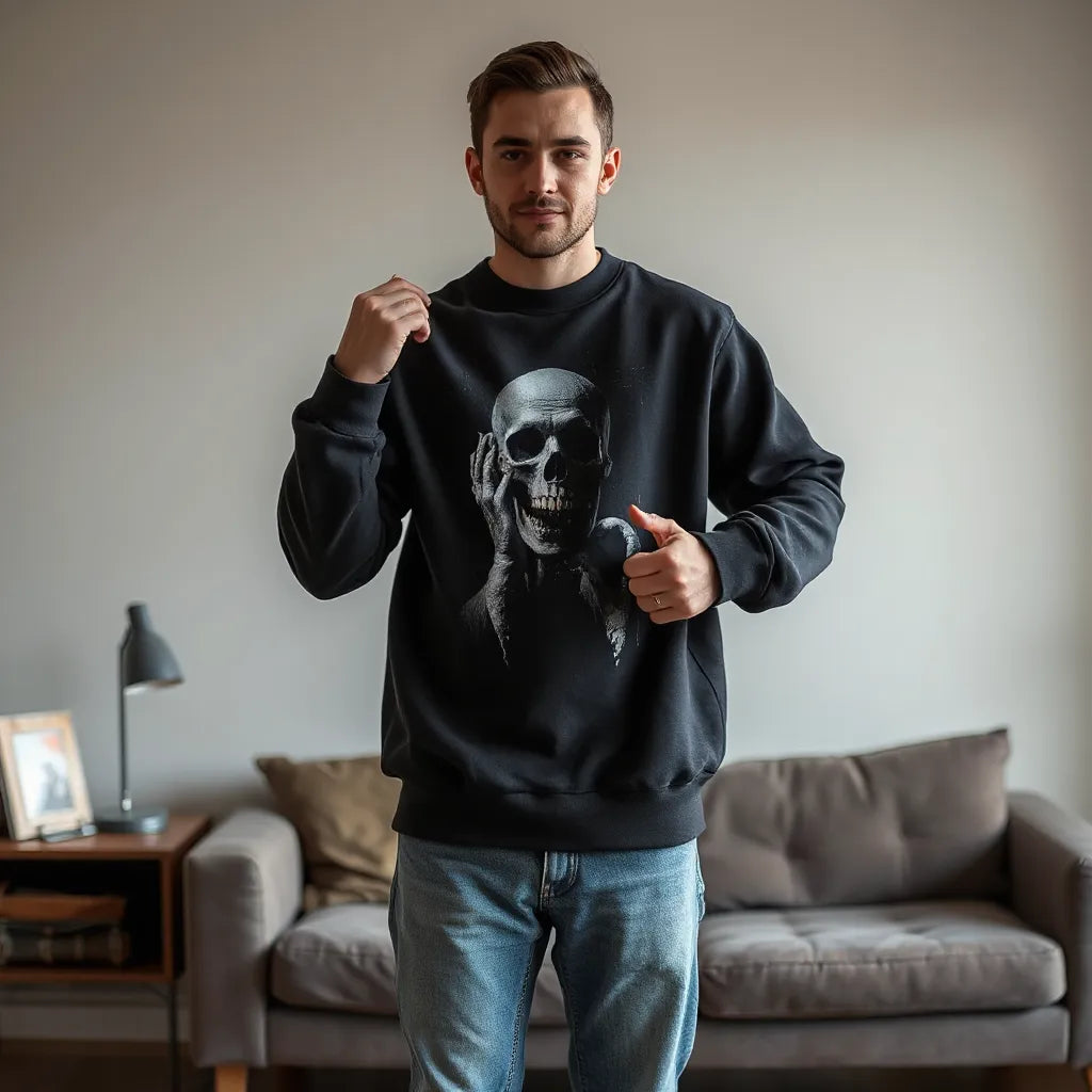 Person wearing a dark horror-themed sweatshirt styled with jeans in soft, moody indoor light