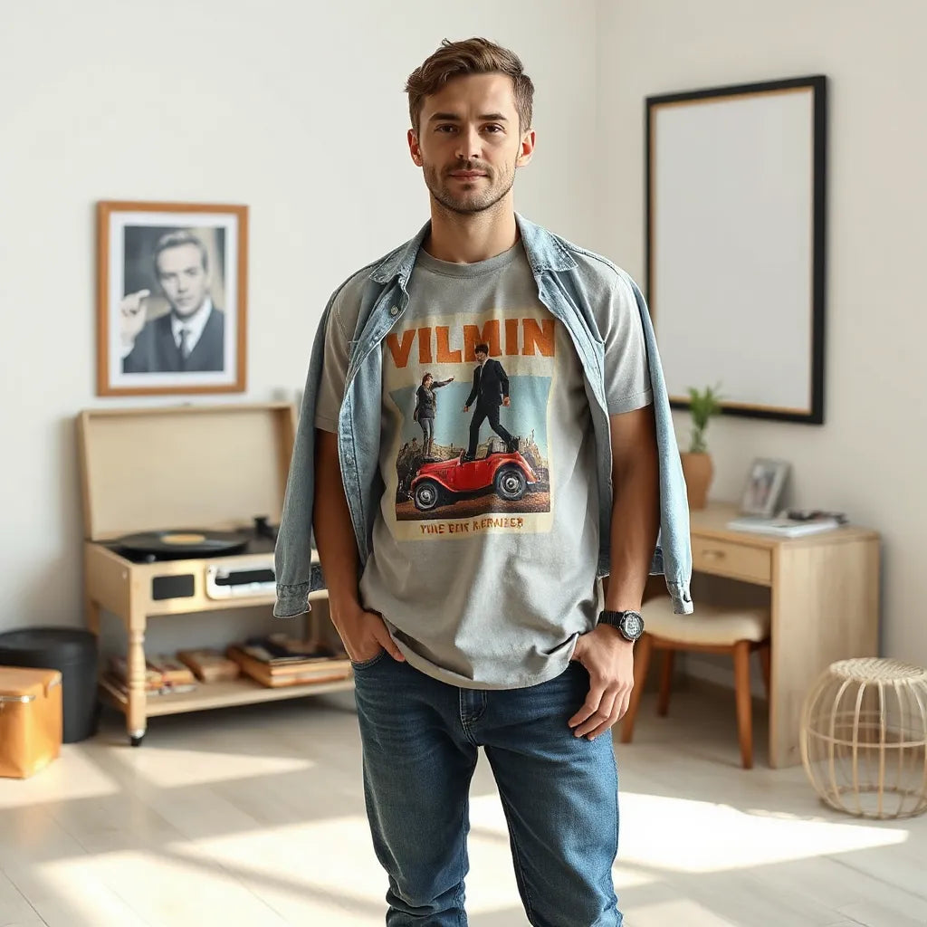 Person styling a vintage movie-themed t-shirt with jeans and a denim jacket in soft natural light