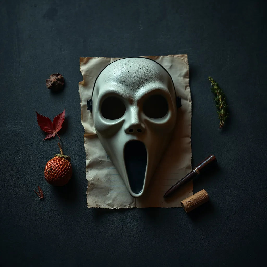 Vintage horror mask and distressed poster accents on a dark, textured background