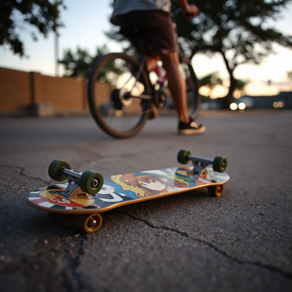 Anime-themed skateboard deck on pavement with subtle motion blur in the background