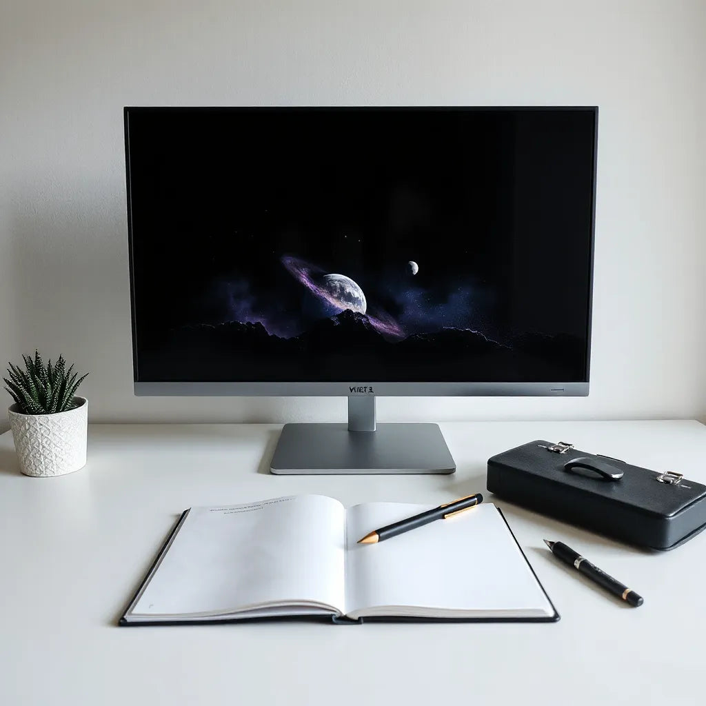 Monitor showing a nebula and starfield with a stylus and sketchbook on a dark desk