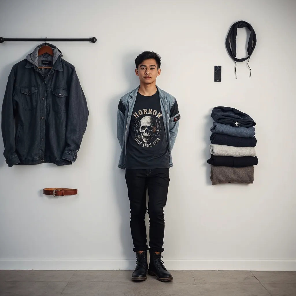 Person wearing a dark unisex horror t-shirt with denim jacket and boots in soft neutral lighting