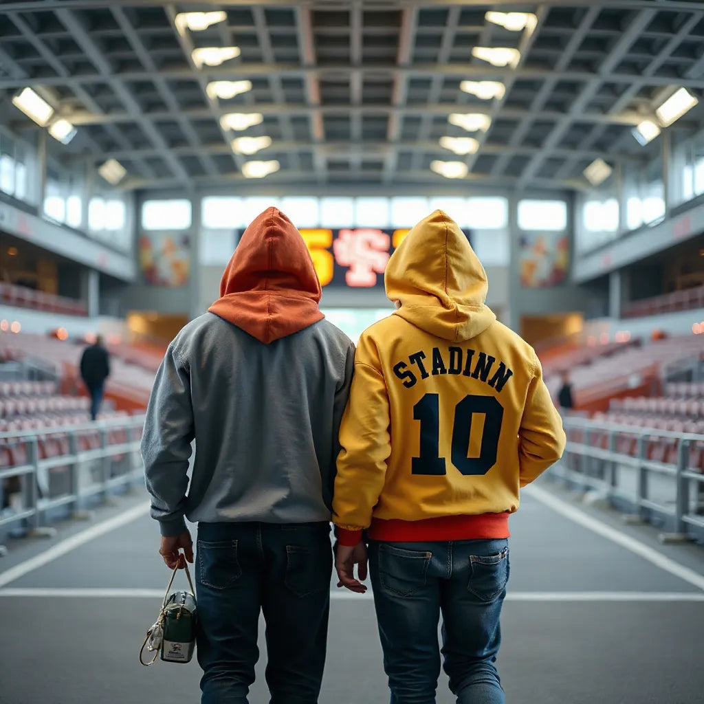 Two people wearing classic hoodies outside a stadium, styled for game day
