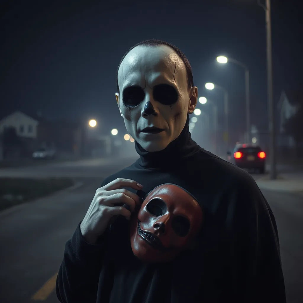 Horror-themed character resembling Billy Loomis standing at night under streetlights with muted fog