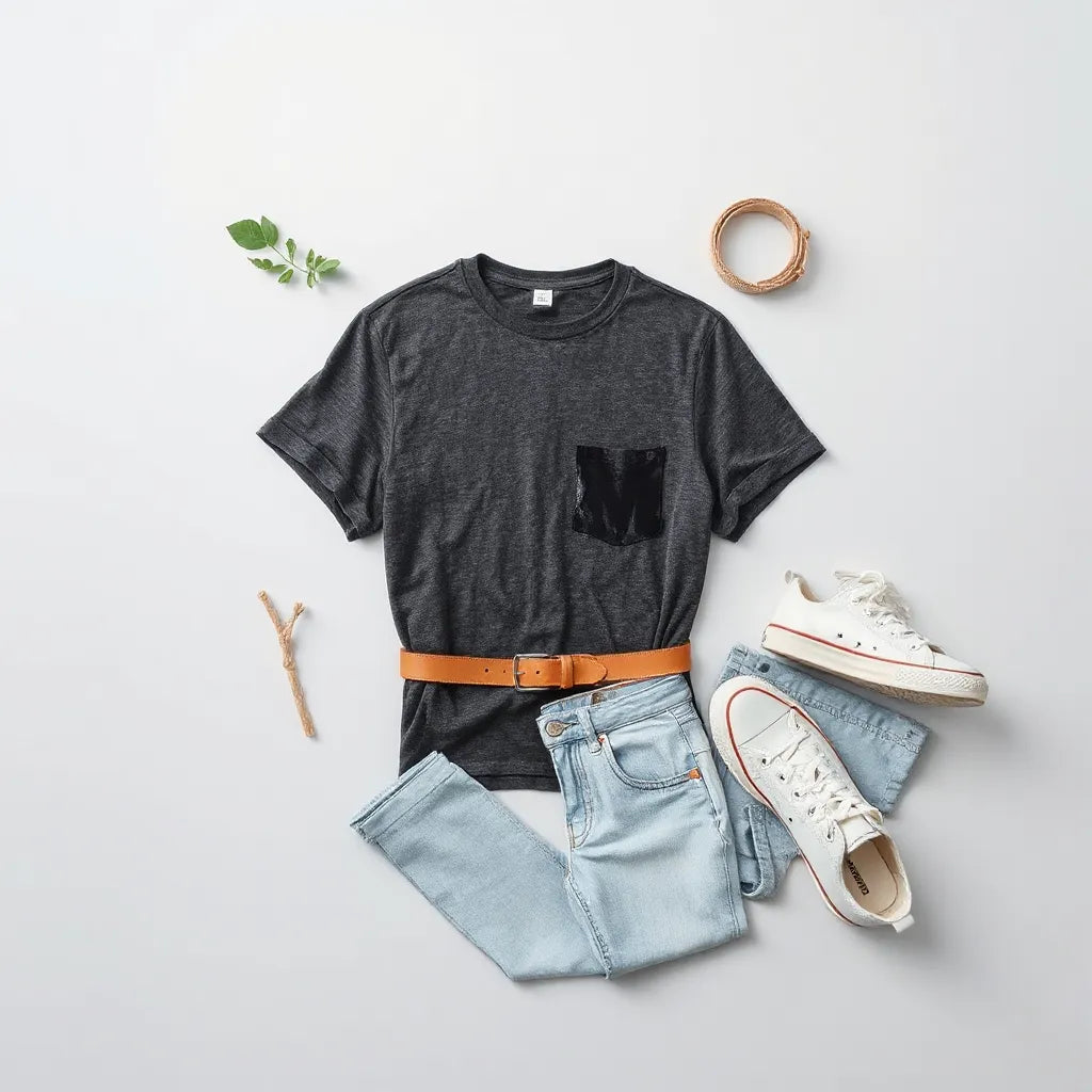 Distressed graphic tee with worn print texture styled with jeans and sneakers on a clean studio background