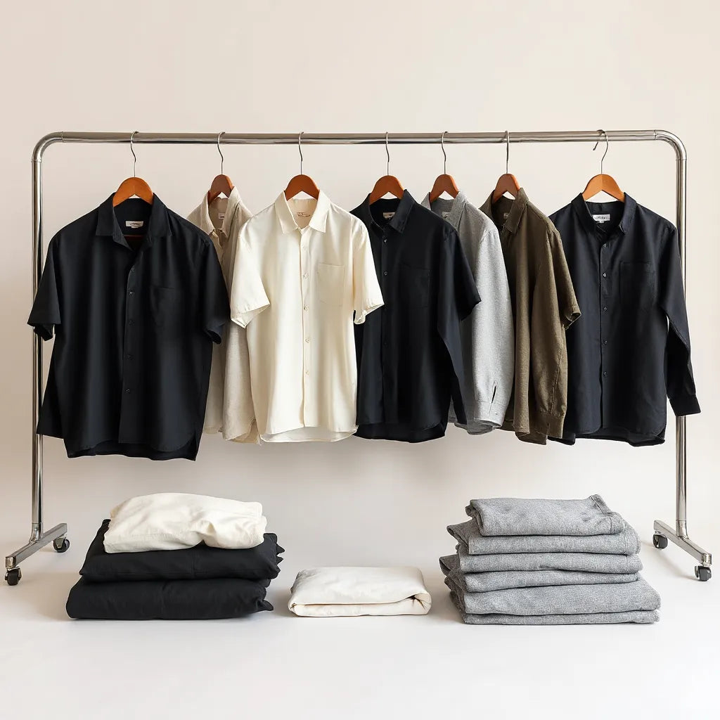 Heavyweight unisex fit shirts in solid colors with visible thick fabric texture on a minimalist display