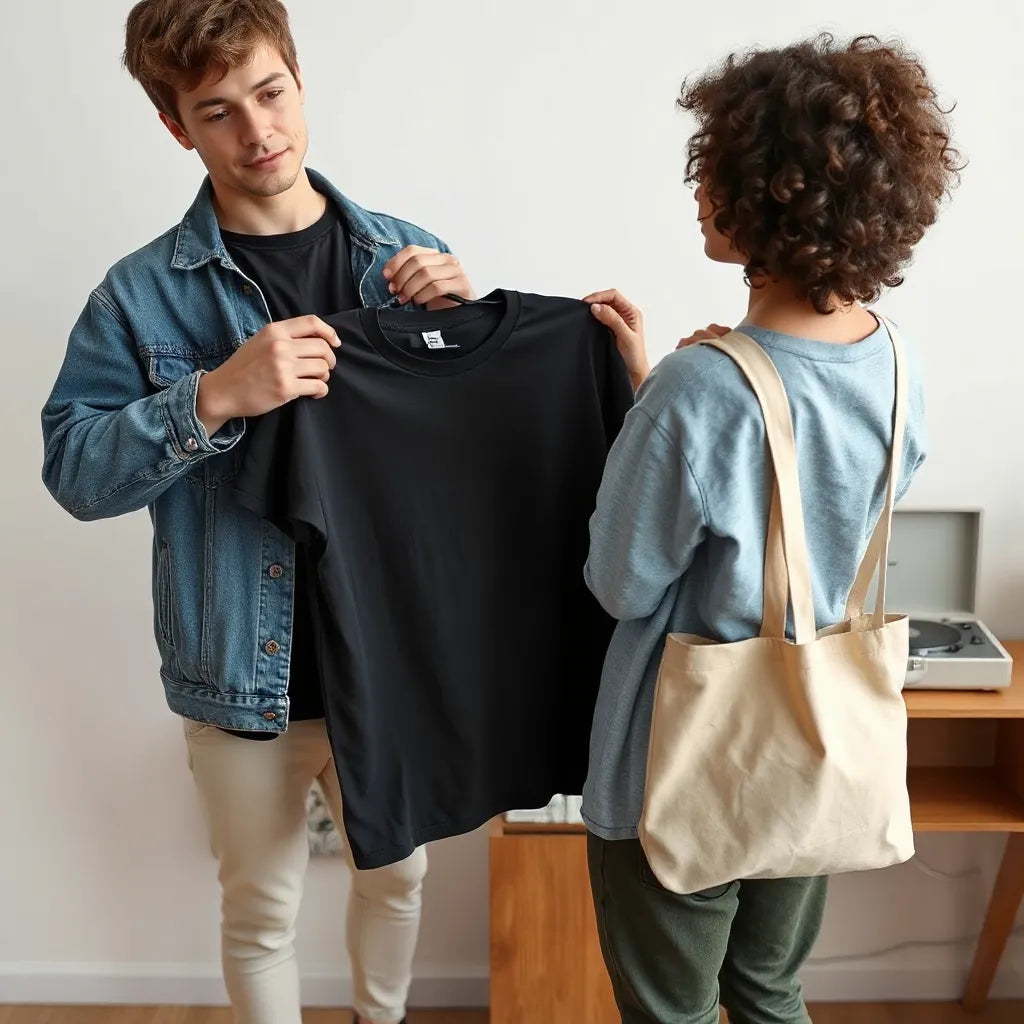 Person holding a band t-shirt while another wears a denim jacket with a patch