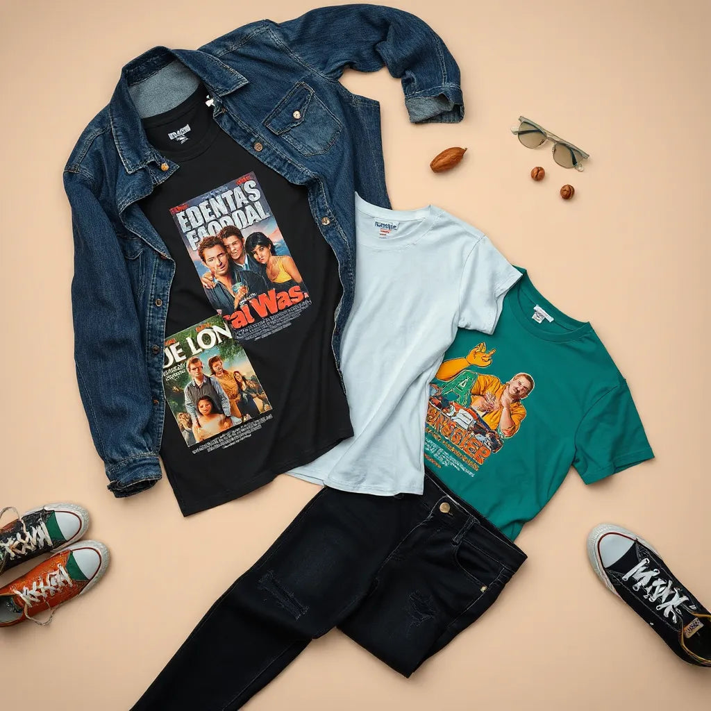 90s movie graphic t-shirts styled with denim jacket, jeans, and sneakers on a neutral background