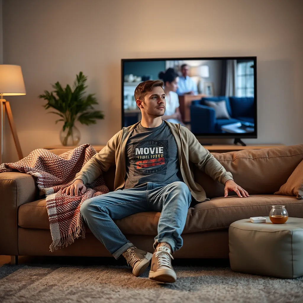 Person in a vintage-style retro movie t-shirt sitting on a couch during a cozy movie night.