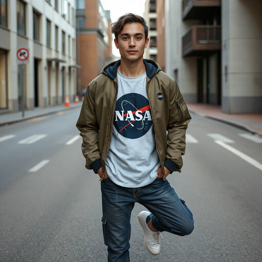 Casual outfit featuring a space-themed graphic shirt styled with a jacket, jeans, and sneakers in natural light
