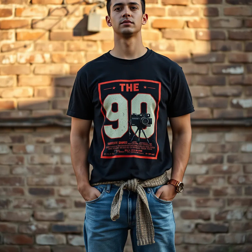 Casual street-style outfit with a retro movie-themed graphic tee, blue jeans, and vintage wall background