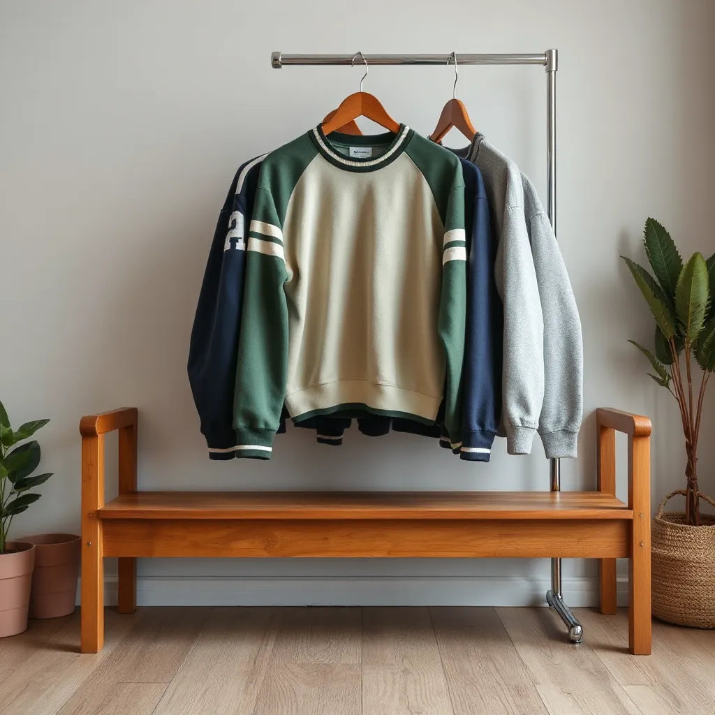 Collection of faded varsity-style crewneck sweatshirts with knit cuffs and patches on a wooden bench