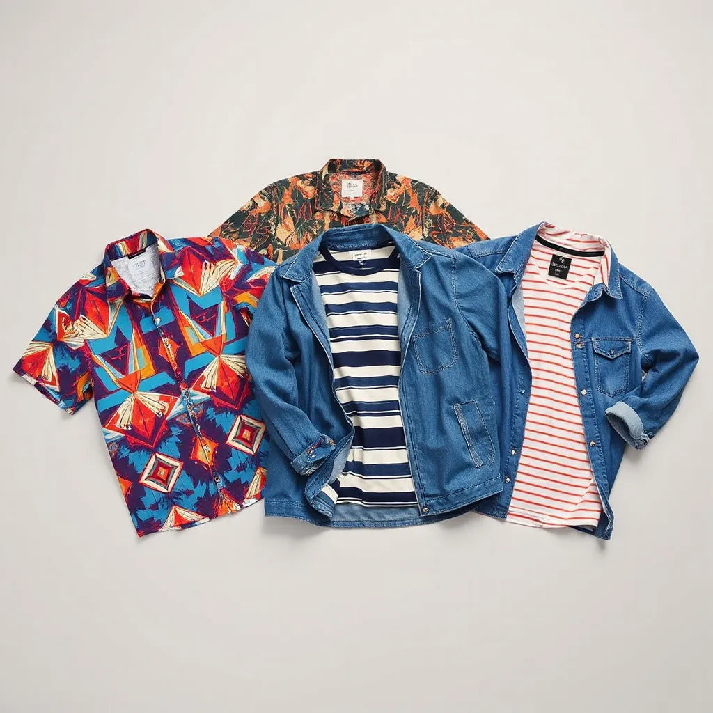 Vibrant 80s retro style shirts in geometric and striped prints laid out with casual layering options
