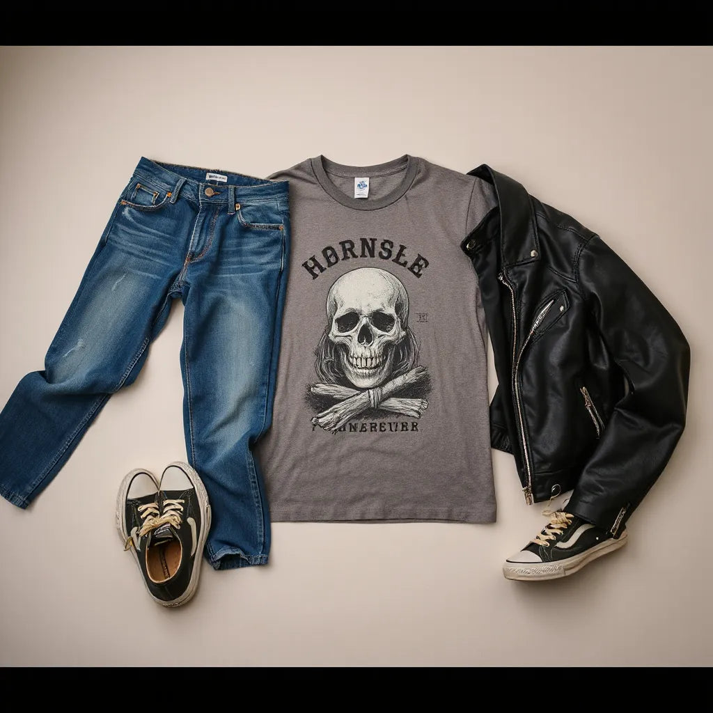 Vintage horror graphic tee styled with denim jeans, a leather jacket, and worn sneakers on a neutral background