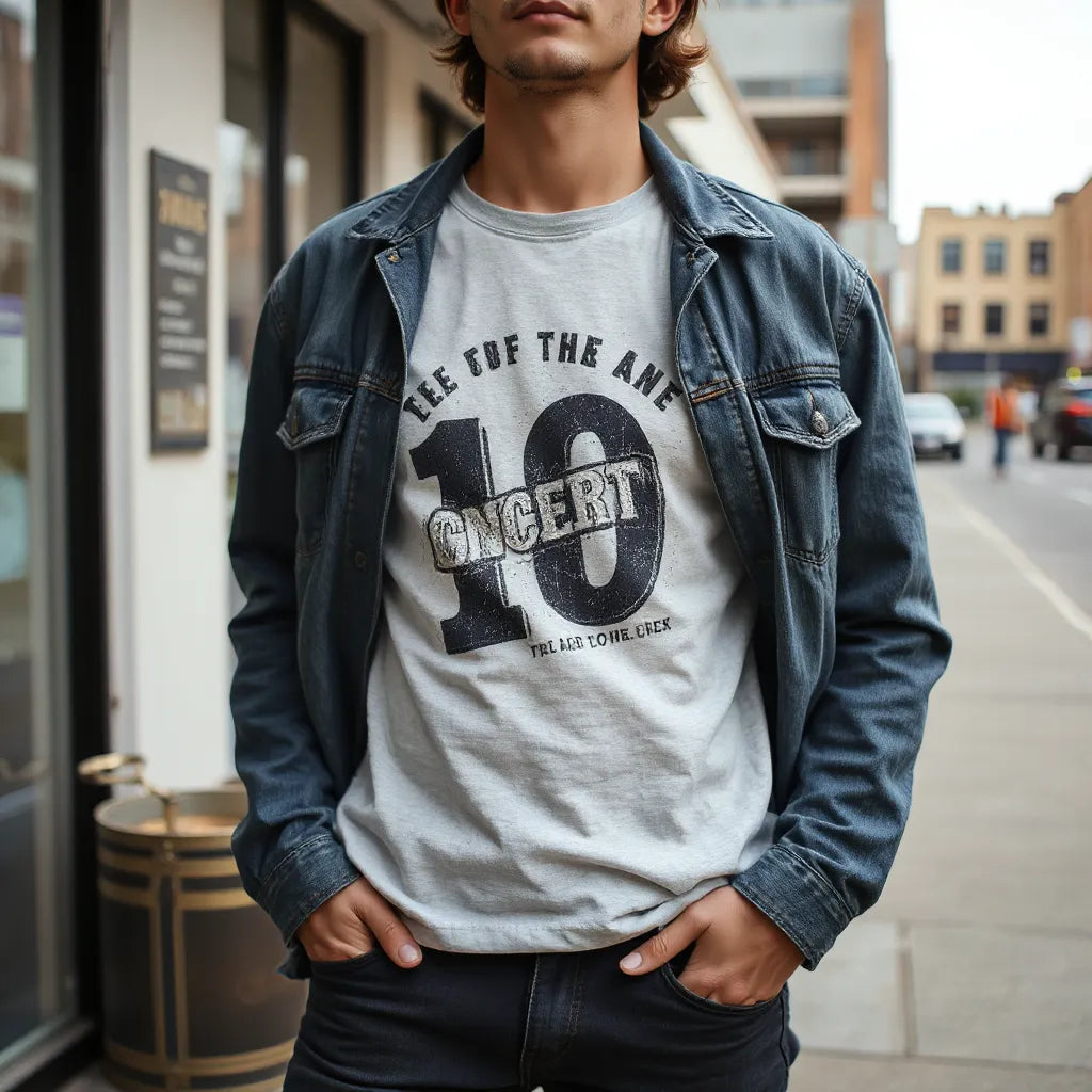 Person styled in a band graphic t-shirt with denim jacket and dark jeans in a casual street setting