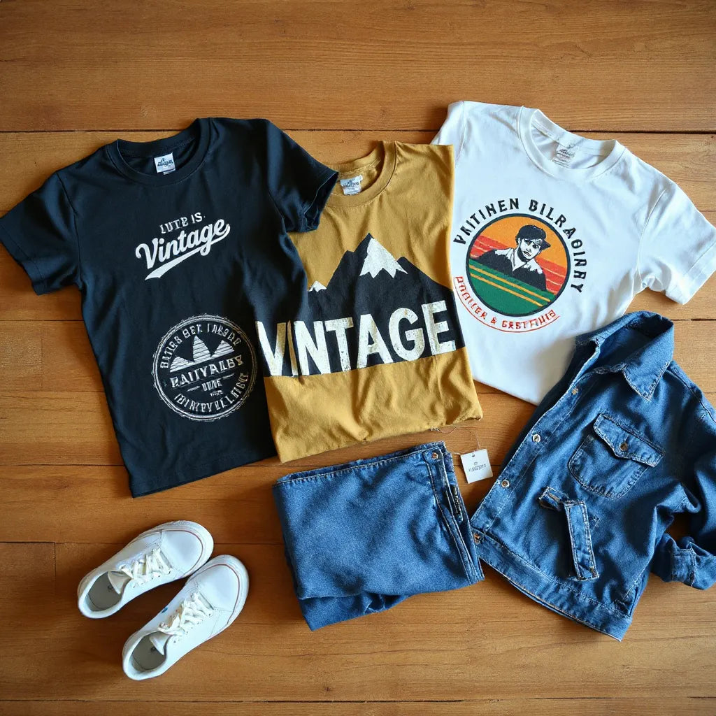 Faded vintage t-shirts styled with denim jeans, jacket, and white sneakers on a wooden surface