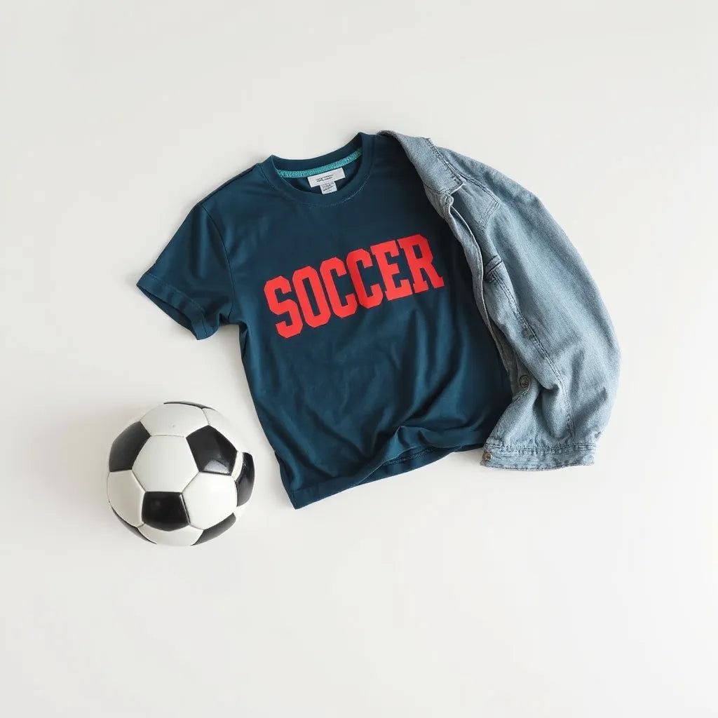 Retro soccer graphic tee displayed with a vintage ball and denim jacket on a clean background