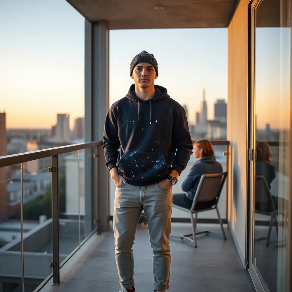 Person styling space-themed hoodie and graphic T-shirt with neutral jeans and sneakers on a balcony