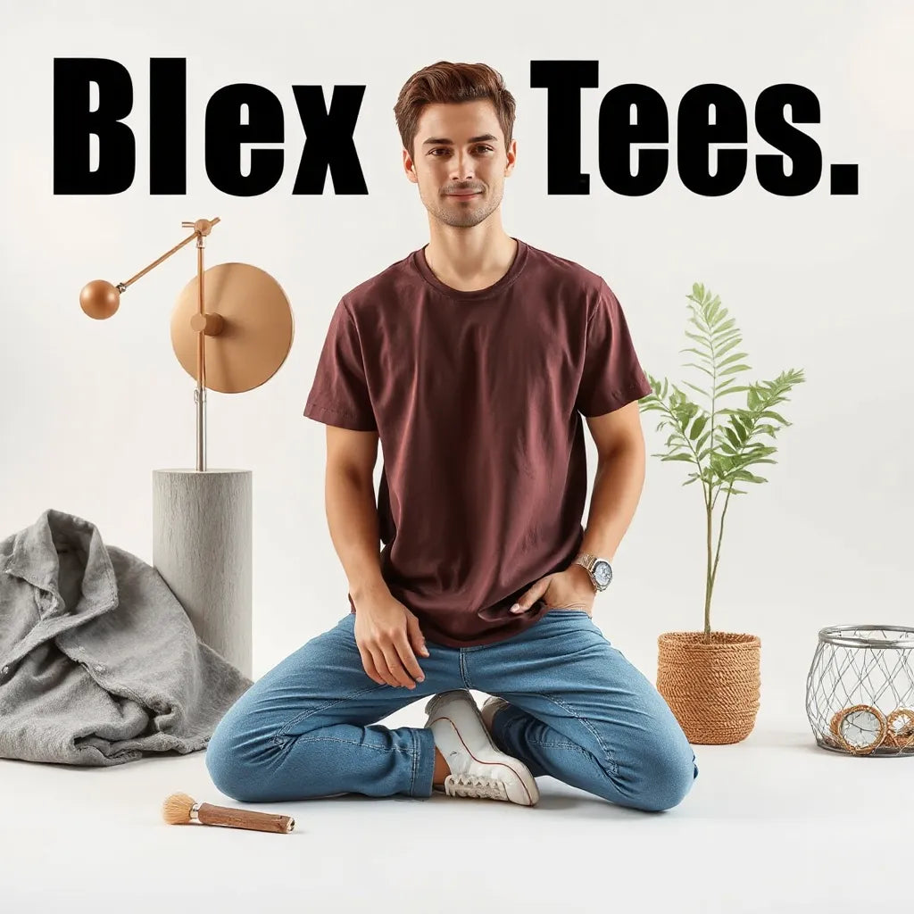 Model in a casual outfit wearing a unisex graphic tee with a modern print
