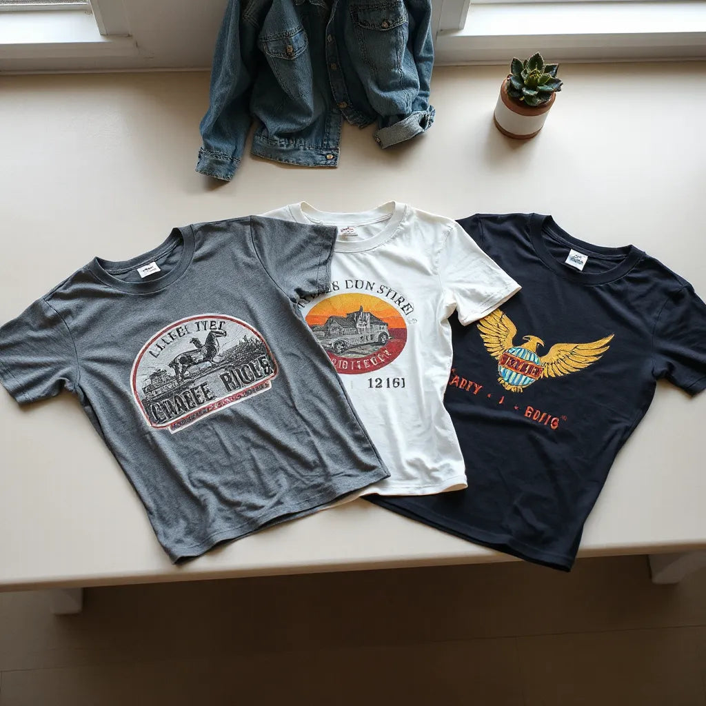 Retro graphic t-shirts with distressed prints laid out on a light neutral surface