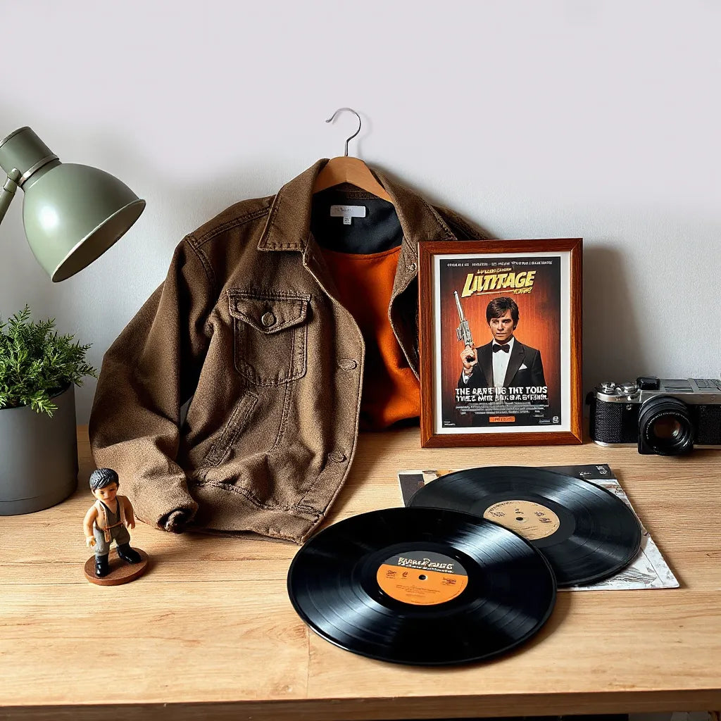 Vintage movie-themed jacket, framed poster, collectible figure, and vinyl record on a wooden desk