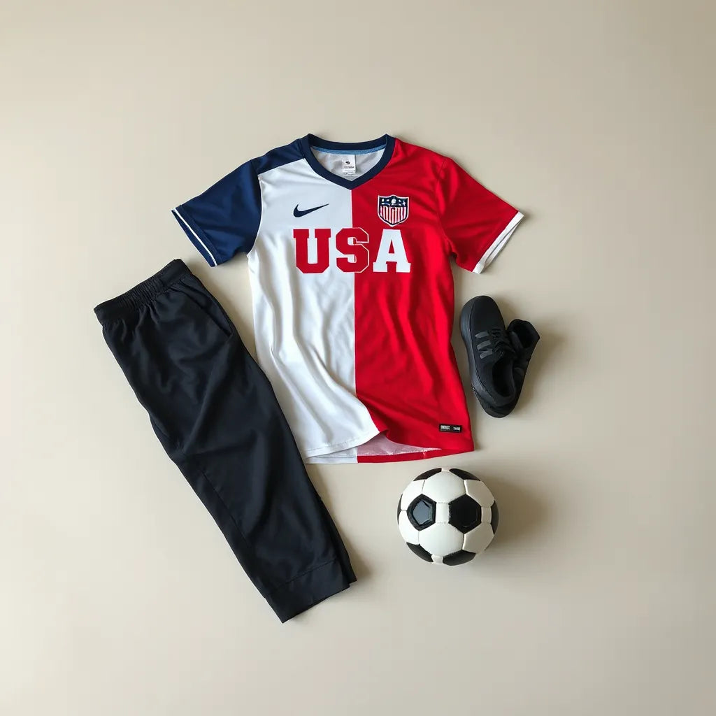 USA soccer jersey styled with casual pants and sneakers beside a soccer ball