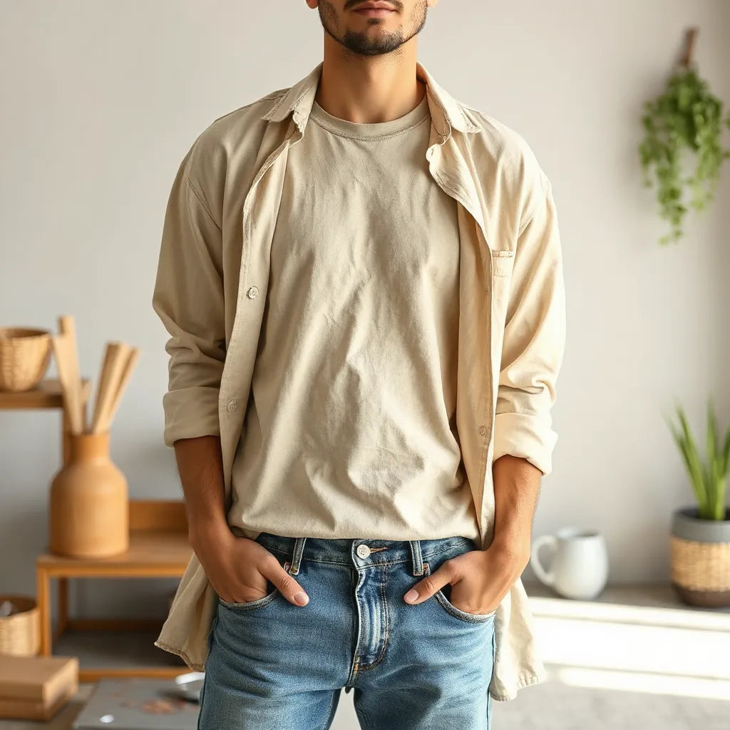 Relaxed comfort graphic t-shirt styled with jeans and an open overshirt in soft natural light