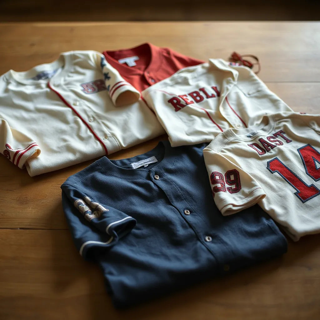 Folded vintage-style custom baseball shirts with visible stitched and printed details on a wooden table