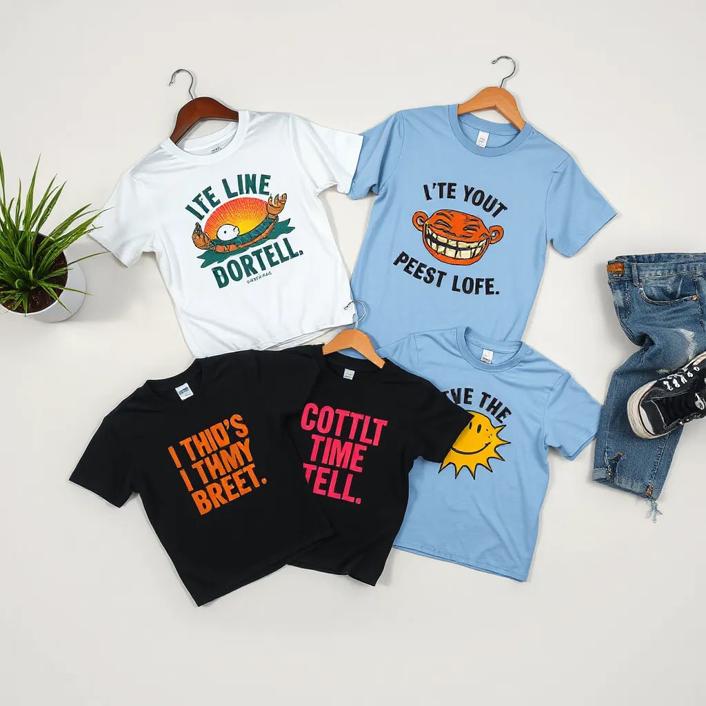 Casual street-style scene with humorous graphic t-shirts and jeans laid out in natural daylight